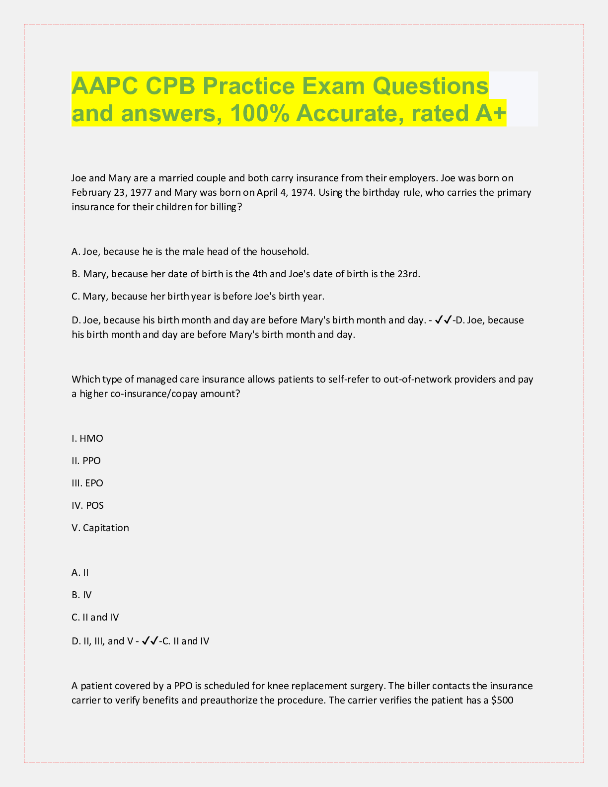Preview image for AAPC CPB Practice Exam Questions  and answers, 100% Accurate, rated A+